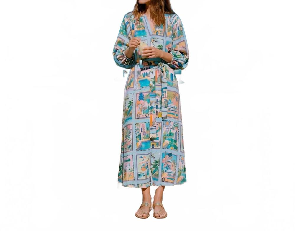 NEW VILAGALLO tropical scene print dress in turquoise multicolor